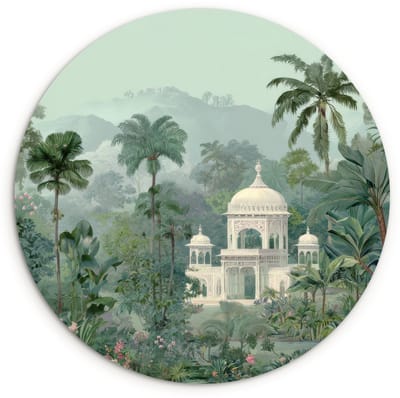 WallCircle® Wandcirkel 120x120 cm - Muurcirkel Tropische tuin - Koepelgebouw - Bloemen - Muurdecoratie woonkamer - Wanddecoratie slaapkamer - Kamer decoratie accessoires - Ronde schilderijen XXL