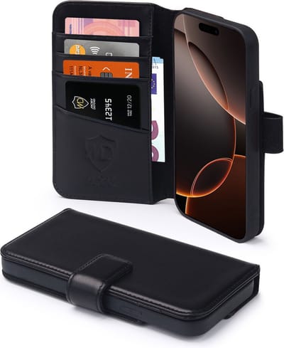 MobyDefend Hoesje - Geschikt voor iPhone 16 Pro Max - Luxe Leren Wallet Bookcase - Zwart