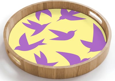 Dienblad rond 40x40 cm - Schootdienblad hout - Vogels - Cirkel - Geel - Beweging - Borrelplank rechthoek - Plateau houten dienbladen
