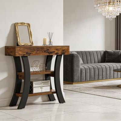 OKWISH Consoletafel - Gebogen Silhouet Met 3 Open Planken - Voor Hal Woonkamer Of Slaapkamer - MDF En Metaal - 105x30x80 cm