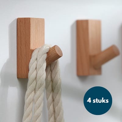 Kapstok haken hout - Teak - Wandhaken - Wandkapstok - Zelfklevende haakjes - Plakhaakjes - 4 stuks