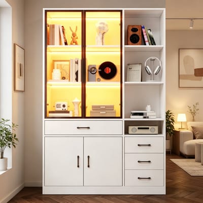 REDOM - Hoge kast met glasvitrine - 13 opbergvakken en 4 lades - LED-verlichting en 4 deuren - Moderne stijl - Woonkamer of kantoor - Spaanplaat - Wit - 120 x 35 x 200 cm