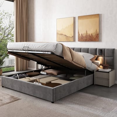 DESMIU Gestoffeerd Bed 160x200 cm – Hydraulisch Opbergbed Met Leeslamp En Oplaadpunt – Ruime Opbergruimte Onder Het Bed – Voor Slaapkamer – Fluweel – Grijs – Zonder Matras