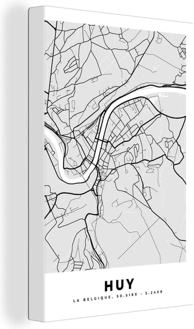 Canvas Schilderij Plattegrond – Huy – Zwart Wit – Stadskaart - Kaart - 20x30 cm - Wanddecoratie