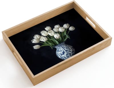 Dienblad hout 40x30 cm - Schootdienblad - Wit - Bloemen - Tulpen - Vaas - Borrelplank rechthoek - Plateau dienbladen