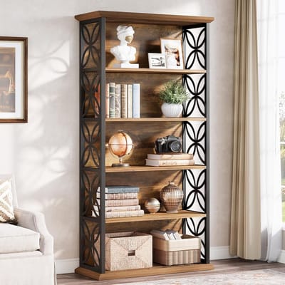 Tribesigns - Boekenkast met 6 Planken - Industriële Boekenkast met Metalen Frame - Open Opbergplanken voor Woonkamer, Slaapkamer, Thuiskantoor - 80x32x180cm - Bruin en Zwart