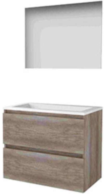 Basic-Line Ultimate 46 Badkamermeubelset - 80 x 46 cm - Greeploos - 2 Lades - Acryl Wastafel - Zonder Kraangat - Spiegel met Indirecte LED Verlichting - Scotch Oak