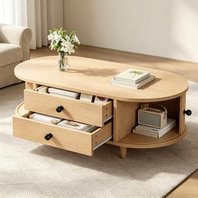 MIVRAY Salontafel - Met Roldeuren En 2 Lades - Voor Woonkamer En Opberggemak - MDF In Lichte Houtkleur - 100x50x36 Cm