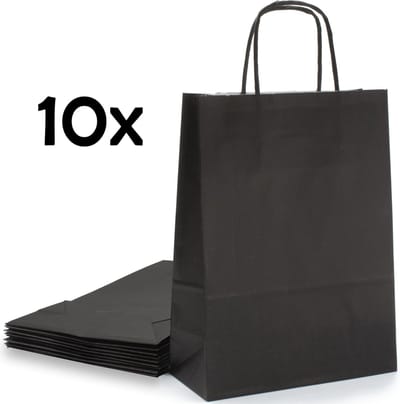 PrimeAmbition Kraft Papieren Tasjes Met Handvat – Zakjes – 10 Stuks – Zwart – 18x8x24 cm – Cadeautasjes
