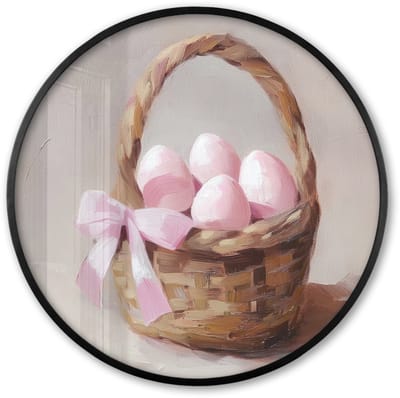 Poster in lijst Rond - Fotolijst 60x60 cm - Posters - Mand - Eieren - Roze - Ronde posterlijst zwart - Decoratie - Wanddecoratie woonkamer - Muurdecoratie slaapkamer