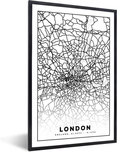 Fotolijst incl. Poster Zwart Wit- Londen - Zwart Wit - Stadskaart - Plattegrond - Kaart - 40x60 cm - Posterlijst