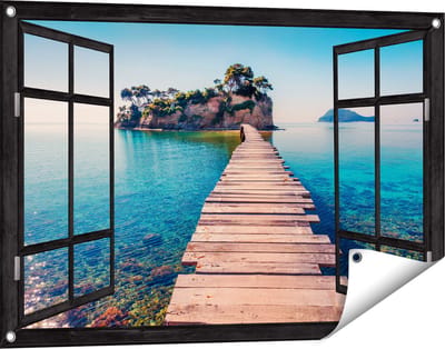 Gards Tuinposter Doorkijk Pad op het Water naar een Grieks Eiland - 90x60 cm - Tuindoek - Tuindecoratie - Wanddecoratie buiten - Tuinschilderij