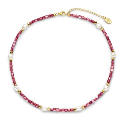 CO88 Collection 8CN-26415 Parelmoer Kralen Ketting met Parels - Kettinkje - Collier - Parel - MOP - 40+5cm - Roze/Wit