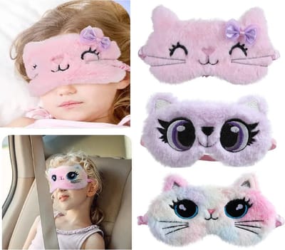 3 Stuks - Slaapmaskers kind - Reismasker - Poezen Roze Strik - Grote Ogen Multi Color