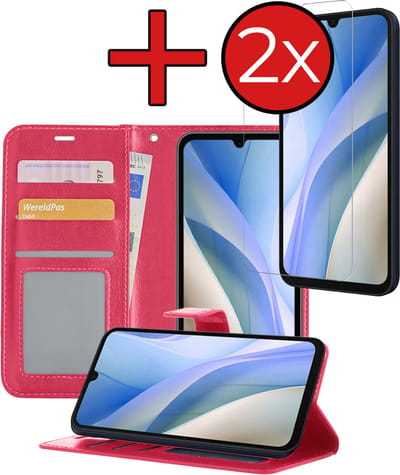 Hoesje - Met 2x Screenprotector - Geschikt voor Samsung Galaxy A15 - Luxe Pasjeshouder - Flip Case - Bookcase Portemonee - Kunstleer Book Case - Flipcase Hoes - Book Cover - Walletcase - Portemonneehoes - Telefoonhoes - Donkerroze