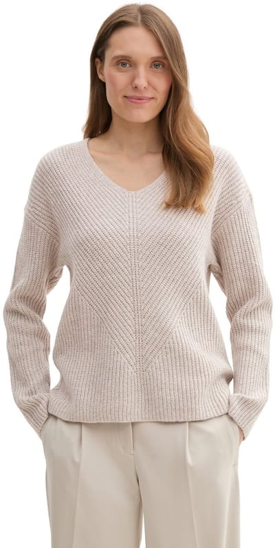 Tom Tailor - Gebreide trui met V-hals - Maat XL - dusty beige melange