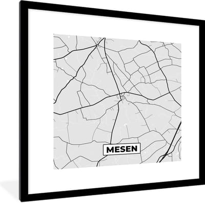 Fotolijst incl. Poster Zwart Wit- België – Mesen – Stadskaart – Kaart – Zwart Wit – Plattegrond - 40x40 cm - Posterlijst