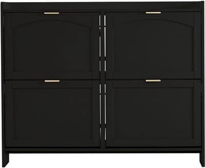 Pugsdrly Moderne schoenenkast, met 4 compartimenten met kleppen, losse schoenenrek, open opbergvakken, geschikt voor de hal of gang, zwart, afmetingen: L110/H90/D24 cm