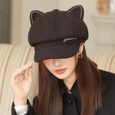 Retro Achthoekige Hoed met Groot Hoofd en Gezicht in Herfst en Winter Kleine Baret Veelzijdige Kattenoren en Pet One Size