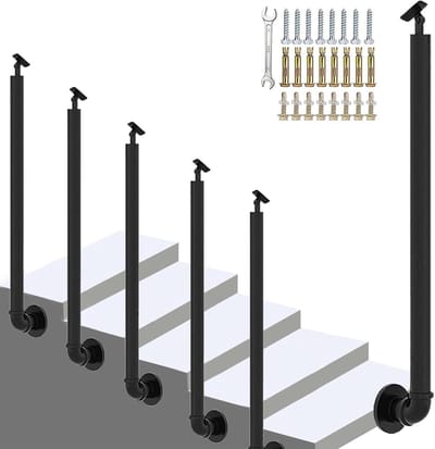 Metalen Relingpaal - Zwarte Kolom - Traphek Bevestigen - Verstelbare Hoekbeugel - 105cm Hoog - Zwart
