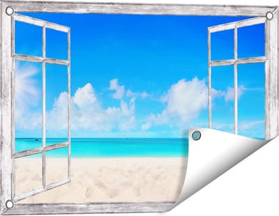 Gards Tuinposter Doorkijk Strand en Zee met Helder Witte Zand - 60x40 cm - Tuindoek - Tuindecoratie - Wanddecoratie buiten - Tuinschilderij