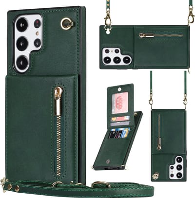 Stravo Samsung Galaxy S23 Ultra Portemonnee Hoesje met Rits, Kaarthouder en Crossbody Lanyard Tas [Afneembare Schouderriem] met Kickstand - Groen