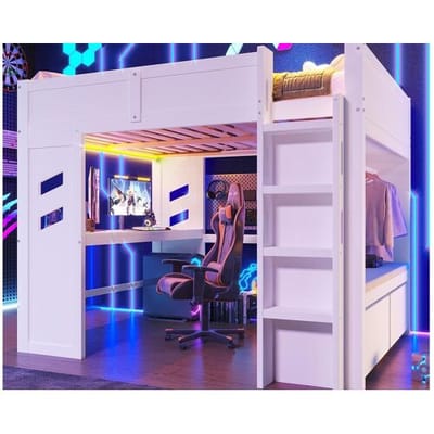 ModernLuxe Hoge bed 140x200 cm - met bureau - met LED-verlichting - met 1 USB-poort - met ladder + lade + wasrek - Wit