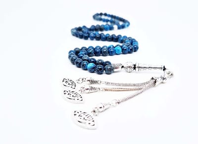 Handgemaakte tesbih "Tasbih" natuursteen " Blauwe harmonie" - Aantal kralen 99 - Diameter kralen 8MM - met metaal tassel "Ogen" - Een mooi cadeau-idee