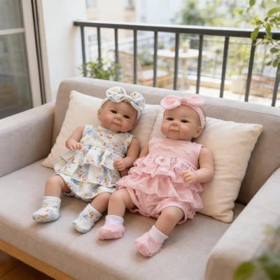 Babypoppen Tweeling - Realistische poppen - Spelen en verzorgen - Volledig vinyl - 50 cm - Roze en bloemen