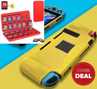 Actie4you® - Geschikt voor Nintendo Switch - Hoesje Schokbestendig - TPU Case met Kickstand – Combo Deal met 24 slots game card case - Geel