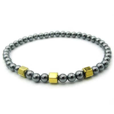 Kralenarmband voor heren met 4 mm hematiet kraaltjes en 3 goudkleurige hematiet hexagon kralen lengte 19 cm