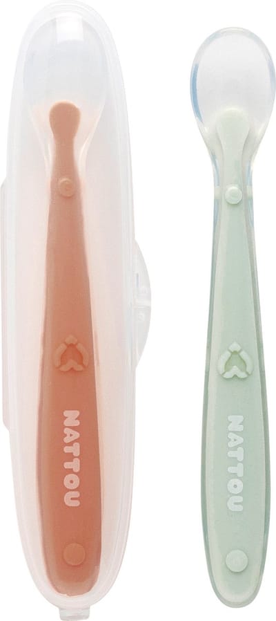 Nattou Siliconen Lepels voor Kinderen - 2 Stuks - 16 cm - Transportdoos voor 1 Lepel - BPA-vrij - Groen/Beige
