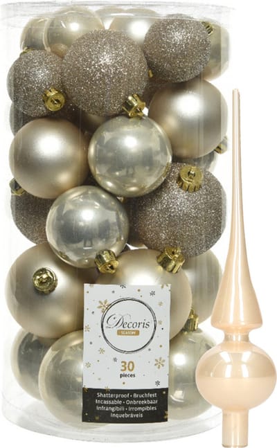 Decoris kerstballen 30x stuks - licht champagne 4/5/6 cm kunststof mat/glans/glitter mix en shiny glazen piek 26 cm