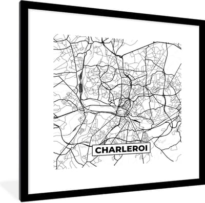 Fotolijst incl. Poster Zwart Wit- Stadskaart – Plattegrond – België – Zwart Wit – Charleroi – Kaart - 40x40 cm - Posterlijst