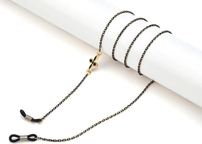 Brillenketting – Eyezoo® Zwart Met Goud Bloem - Gevlochten Staal - Brilketting