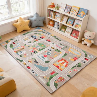 Speeltapijt Straatauto Dierenuniversum Blauw Groen Grijs(Maat: 80×160cm)