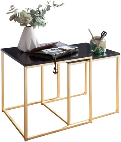 CALA zwart / goud bijzettafel MDF / metaal | Salontafel set van 2 tafels | Kleine salontafel | Metalen tafel met houten plaat | Opbergtafel modern