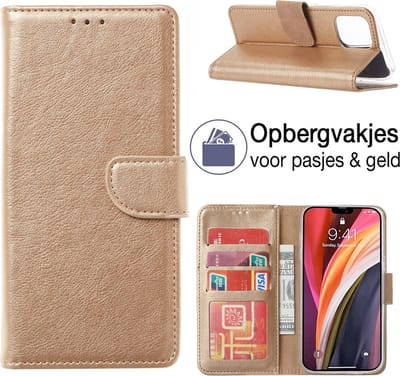 Hoesje geschikt voor iPhone 15 Pro Book Case - Portemonnee hoesje - PU Lederen bookstyle hoes - Hoesje geschikt voor iPhone 15 Pro wallet case - Goud - EPICMOBILE