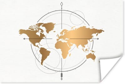 Wereldkaart - Goud - Kompas - Kinderen - Jongens - Meisjes - 180x120 cm - Poster - Poster Kinderkamer