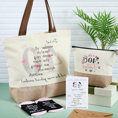Jute Tas voor Vrouwen - Perfecte Cadeaus voor 40ste Verjaardag, Inclusief Makeup Tas en Verjaardagskaart met Envelop, Ideaal voor Vriendinnen en Moeders