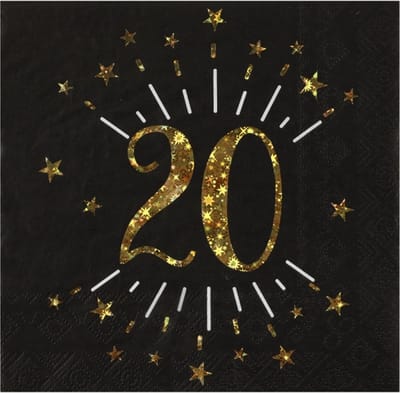 Santex Verjaardag feest servetten leeftijd - 10x - 20 jaar - goud - 33 x 33 cm