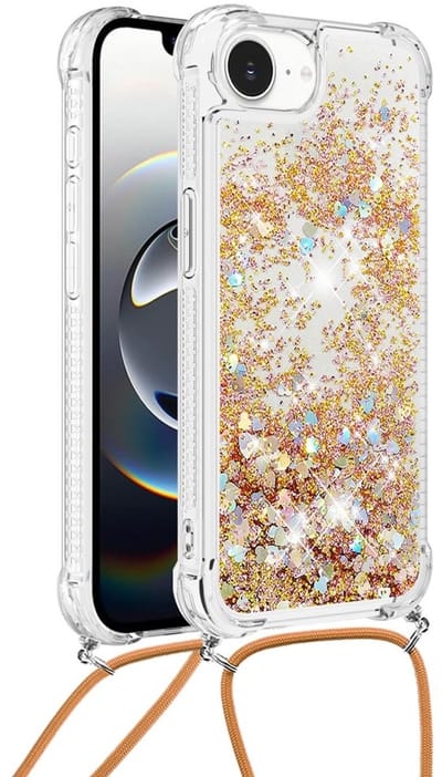 Coverup Hoesje - Geschikt voor iPhone 16e / 17e Hoesje - Coverup Liquid Glitter Back Cover met Koord - Goud