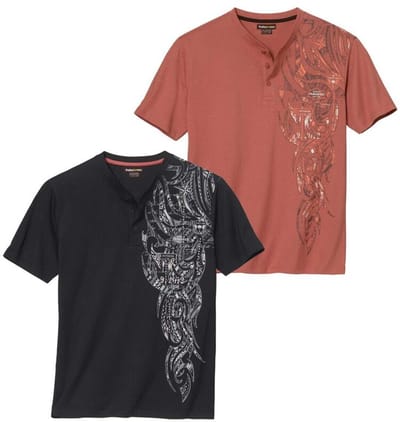 ATLAS FOR MEN - Set van 2 T-shirts met knoopsluiting en Tahitiaanse print - Heren - Verkrijgbaar in grote maten - L