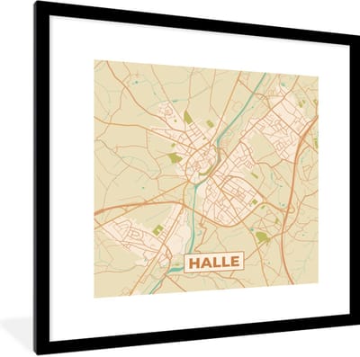 Fotolijst incl. Poster - Plattegrond - Stadskaart - Halle - Vintage - Kaart - 40x40 cm - Posterlijst