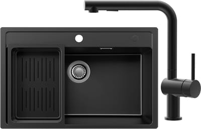 Anycee Max Spoelbak voor keuken 70x46CM - Granieten Spoelbakken Met L-uitloop Keukenkraan - Spoelbak Keuken Zwart - Spoelbak met Afdruiprek