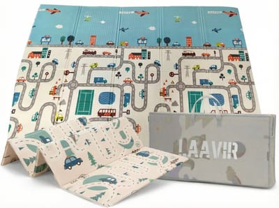 Laavir® Opvouwbare Baby Speelmat – 200x150 cm – Dubbelzijdig Auto- en Stadsontwerp – Foam Speelkleed met Opbergtas – Waterafstotend & Antislip – Blauw