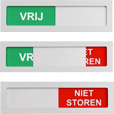 Schuifbordje Vrij - Niet Storen deur bordje 100 mm x 28 mm. Met maar 4 mm dikte geen blok op je deur. Met aluminium schuifje. Schuifbordje vrij - bezet. Bevestiging dubbelzijdige tape over de gehele achterzijde.