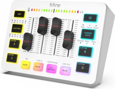 FIFINE - SC3 - Wit - Streaming Deck - DJ Mixer - Gaming Mixer - Podcast / Stream / Gaming - XLR Aansluiting - Line-in - Voice Changer