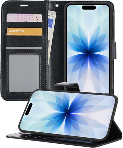 Hoesje - Geschikt voor Apple iPhone 17 - Luxe Bookcase - Walletcase Hoes - Portemonnee - Cover - Telefoonhoes - Zwart