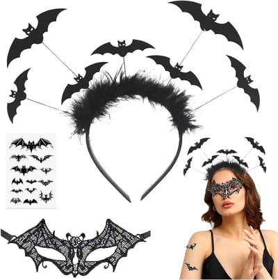 Allecto Plus - 3-delige Halloween decoratie set voor dames - vleermuis thema - haarband, masker en tatoeagestickers - carnaval accessoires